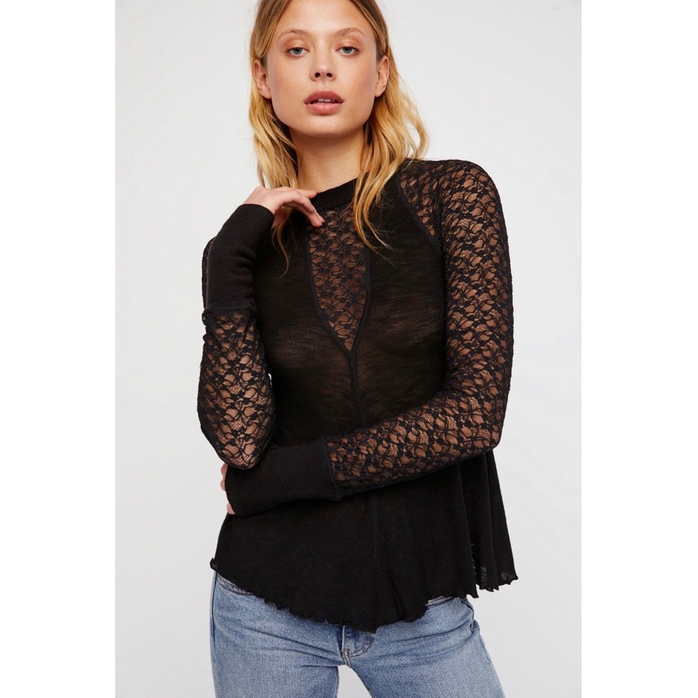 Free People No Limits Layering Top Black Lace Long Sleeve V-Neck Cutout Medium
